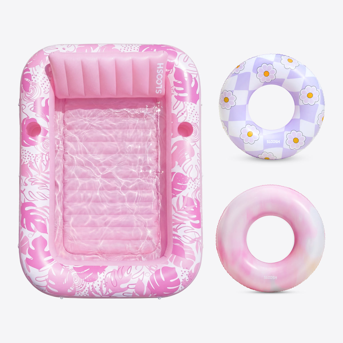 SLOOSH Blushing Pink 85" Tanning Pool with 2 Swim Rings Best Friend Choice Bundle