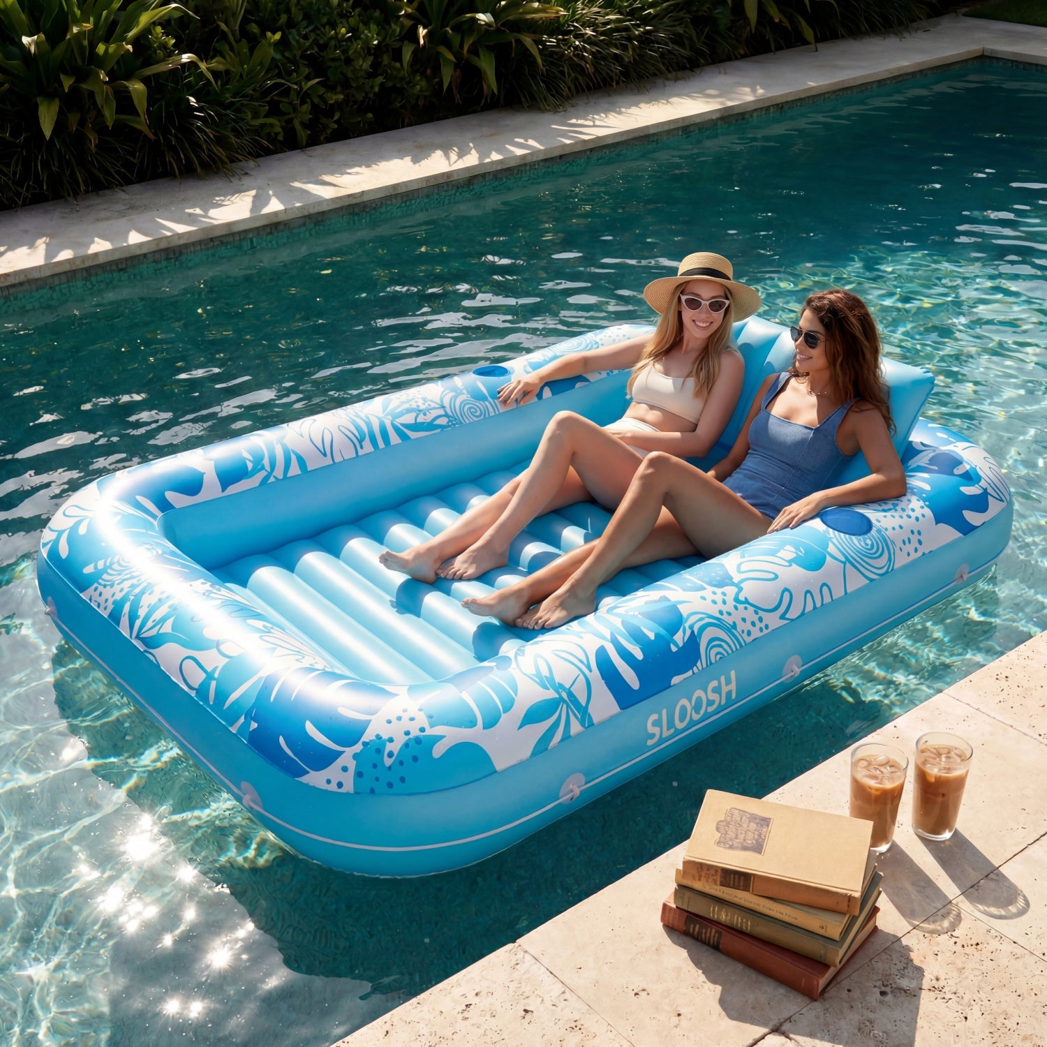 SLOOSH Inflatable Tanning Pool Lounger Float, Dark Blue-XL, 85""x57"