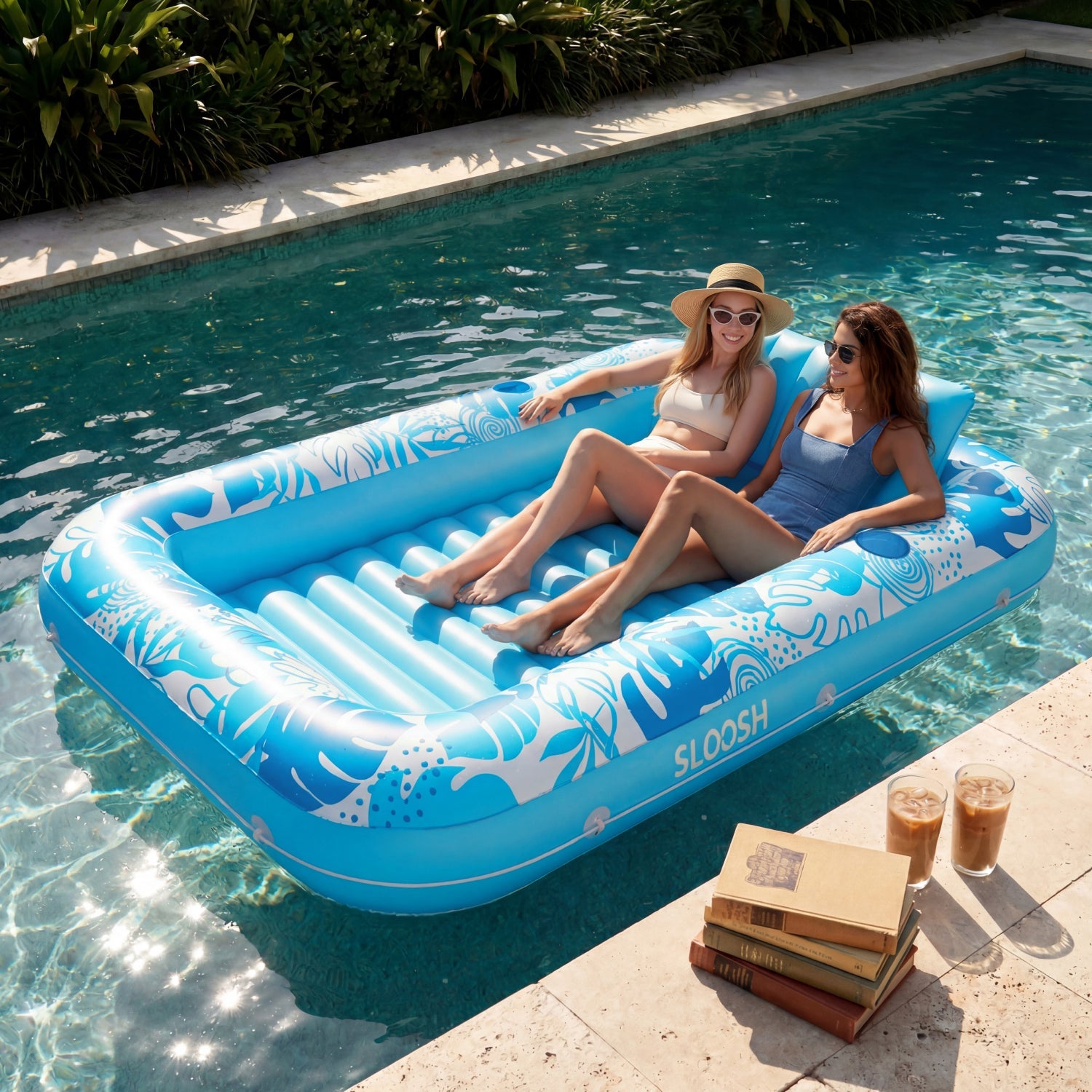 SLOOSH Blue 85" Tanning Pool with 2 Swim Rings Best Friend Choice Bundle