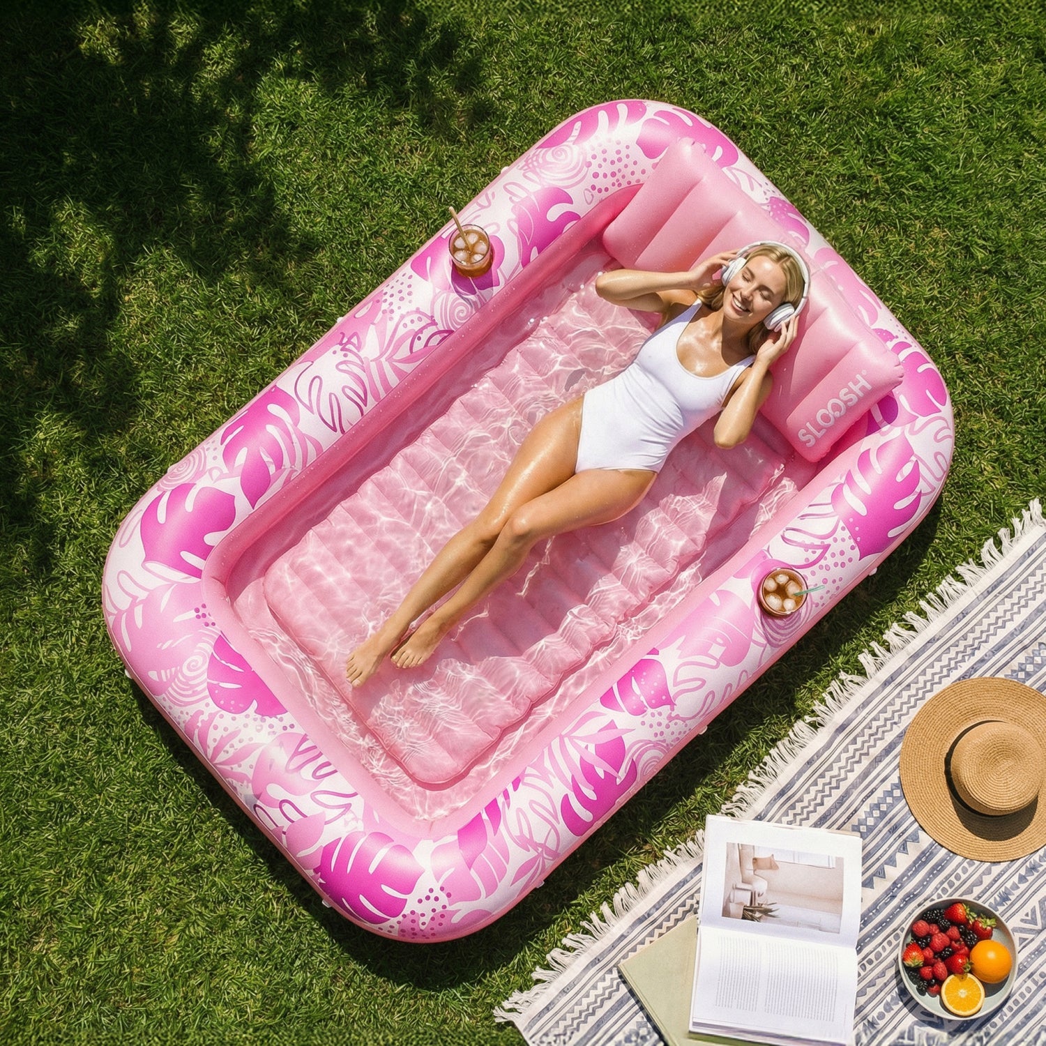 SLOOSH Inflatable Tanning Pool Lounger Float – XL 85"x57" , Cyan White