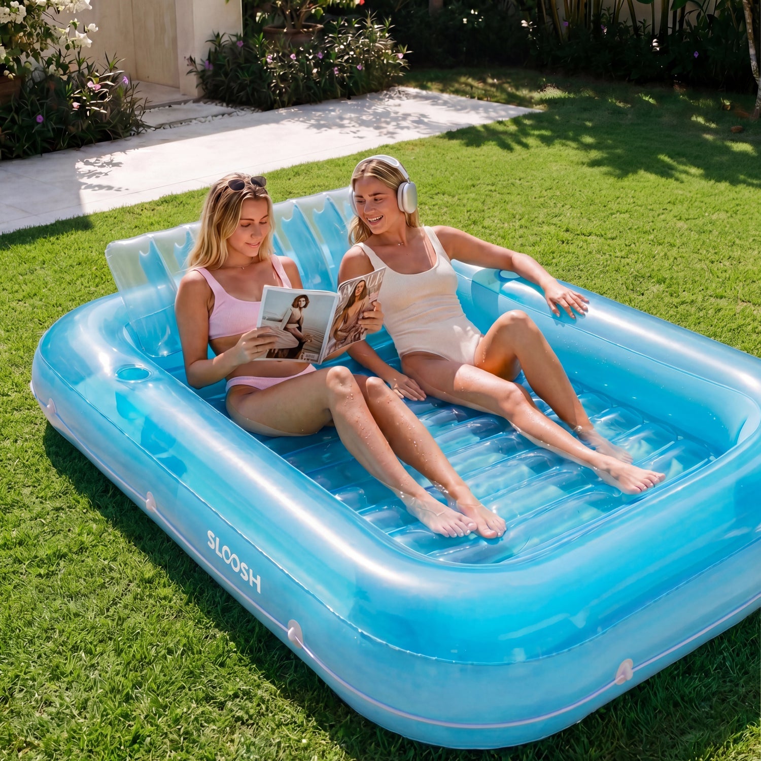 SLOOSH Transparent Inflatable Tanning Pool Lounger Float, 85" x 57", Blue-XL