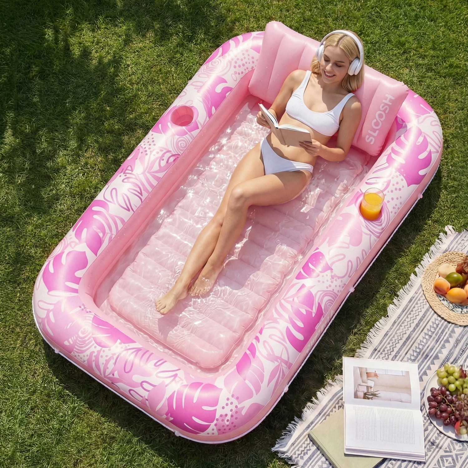 SLOOSH Inflatable Tanning Pool Lounger Float, Blue-L, 70" x 46"