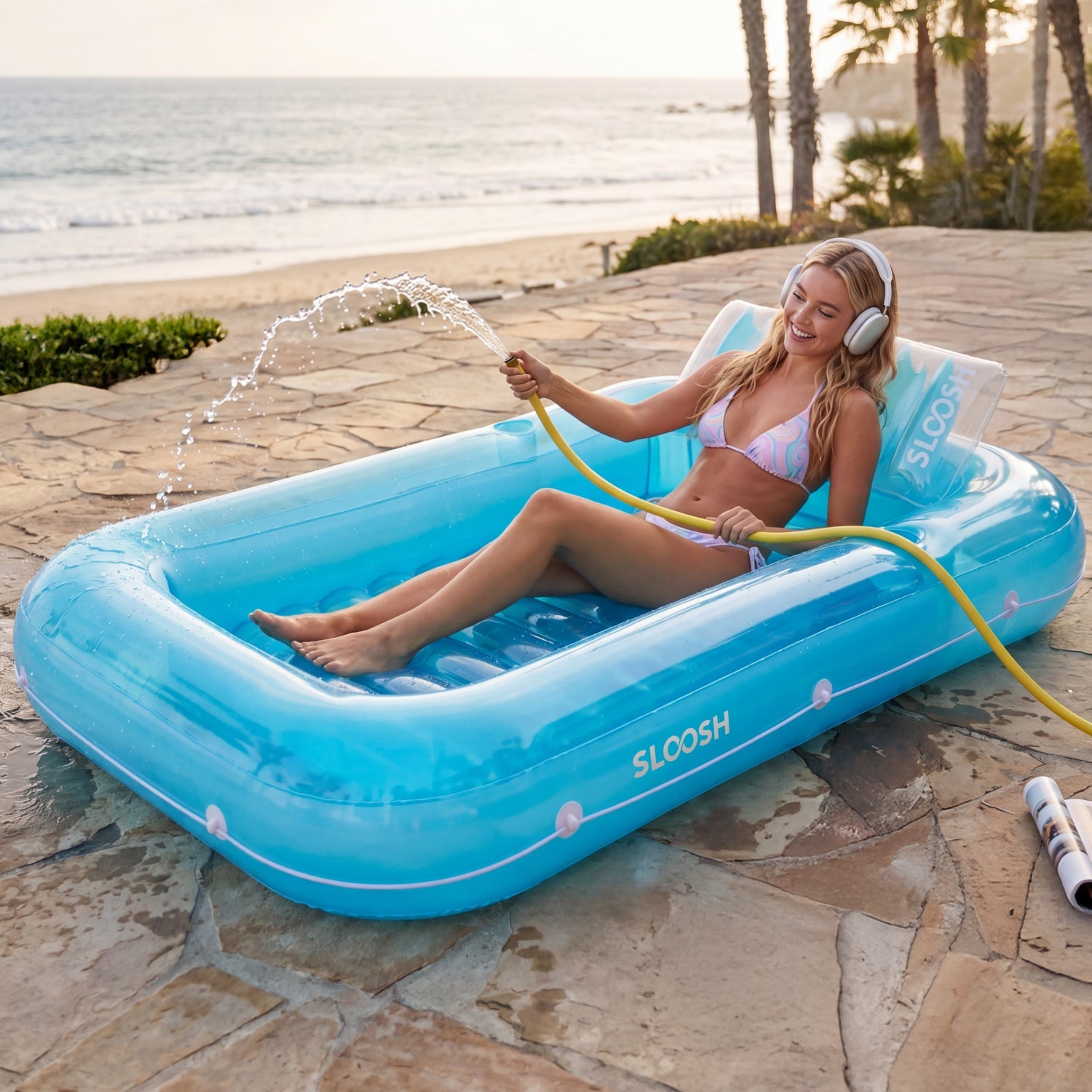 SLOOSH Transparent Inflatable Tanning Pool Lounger Float,  70" x 46", Blue-L