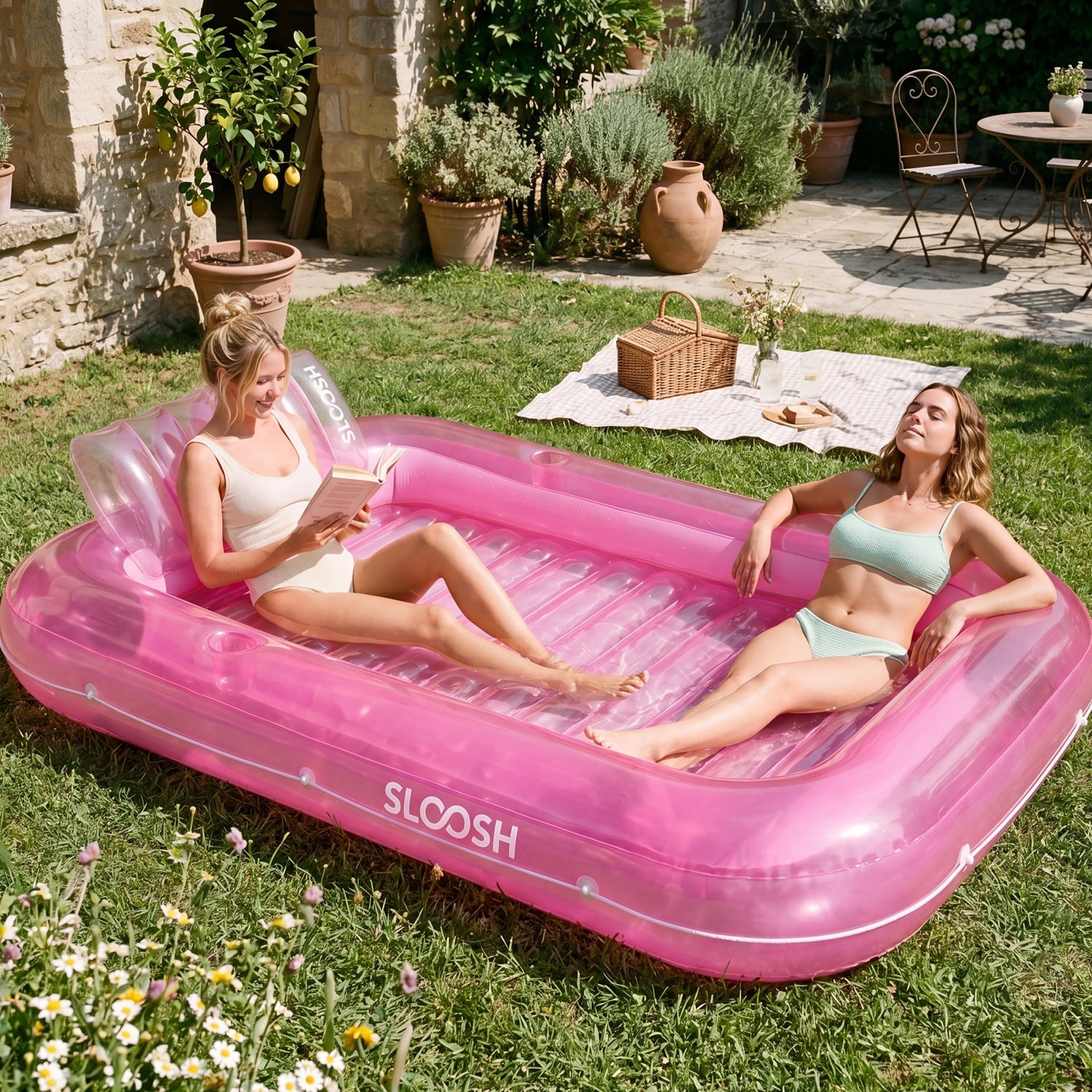 SLOOSH Transparent Inflatable Tanning Pool Lounger Float, 85" x 57", Pink-XL