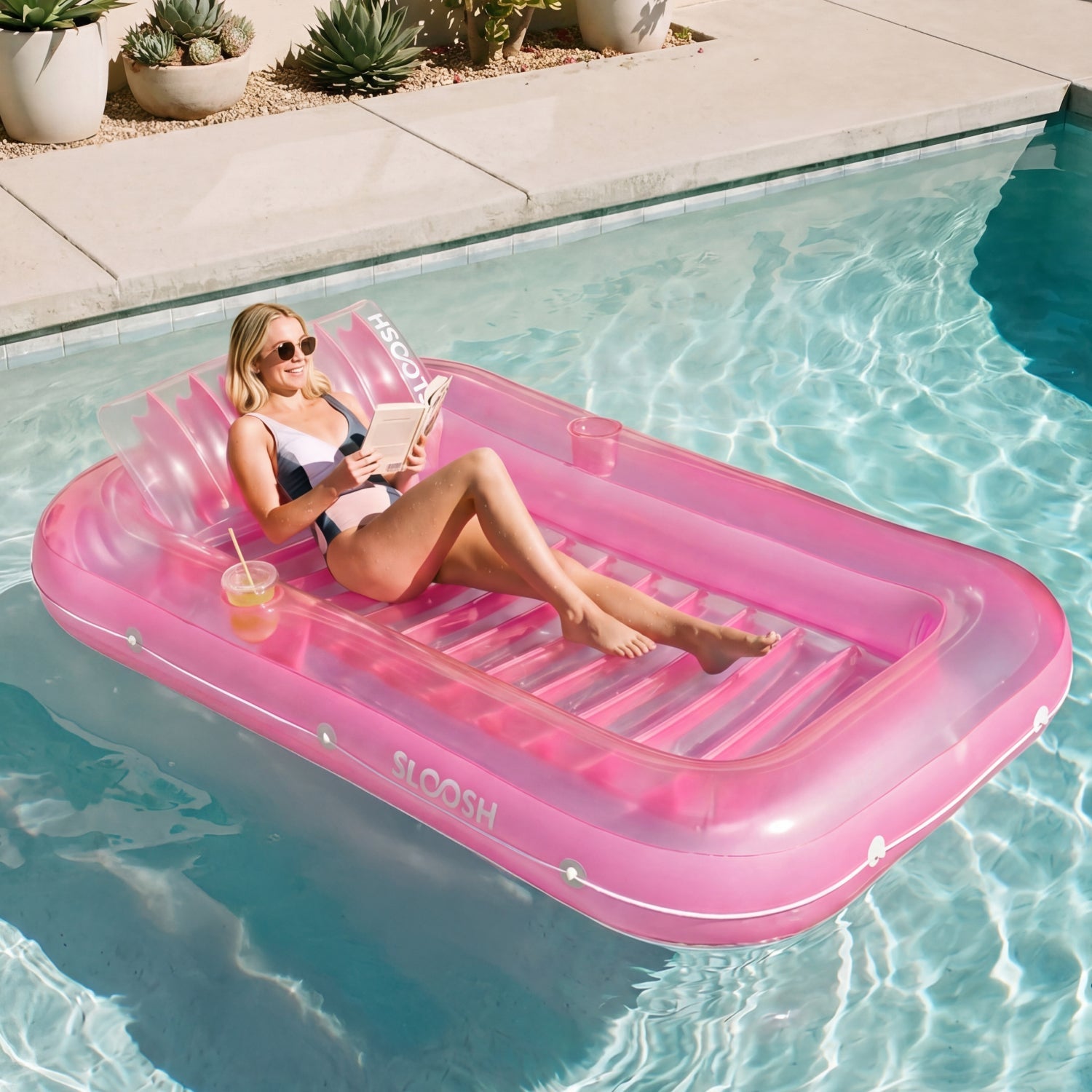 SLOOSH Transparent Inflatable Tanning Pool Lounger Float,  70" x 46", Pink-L