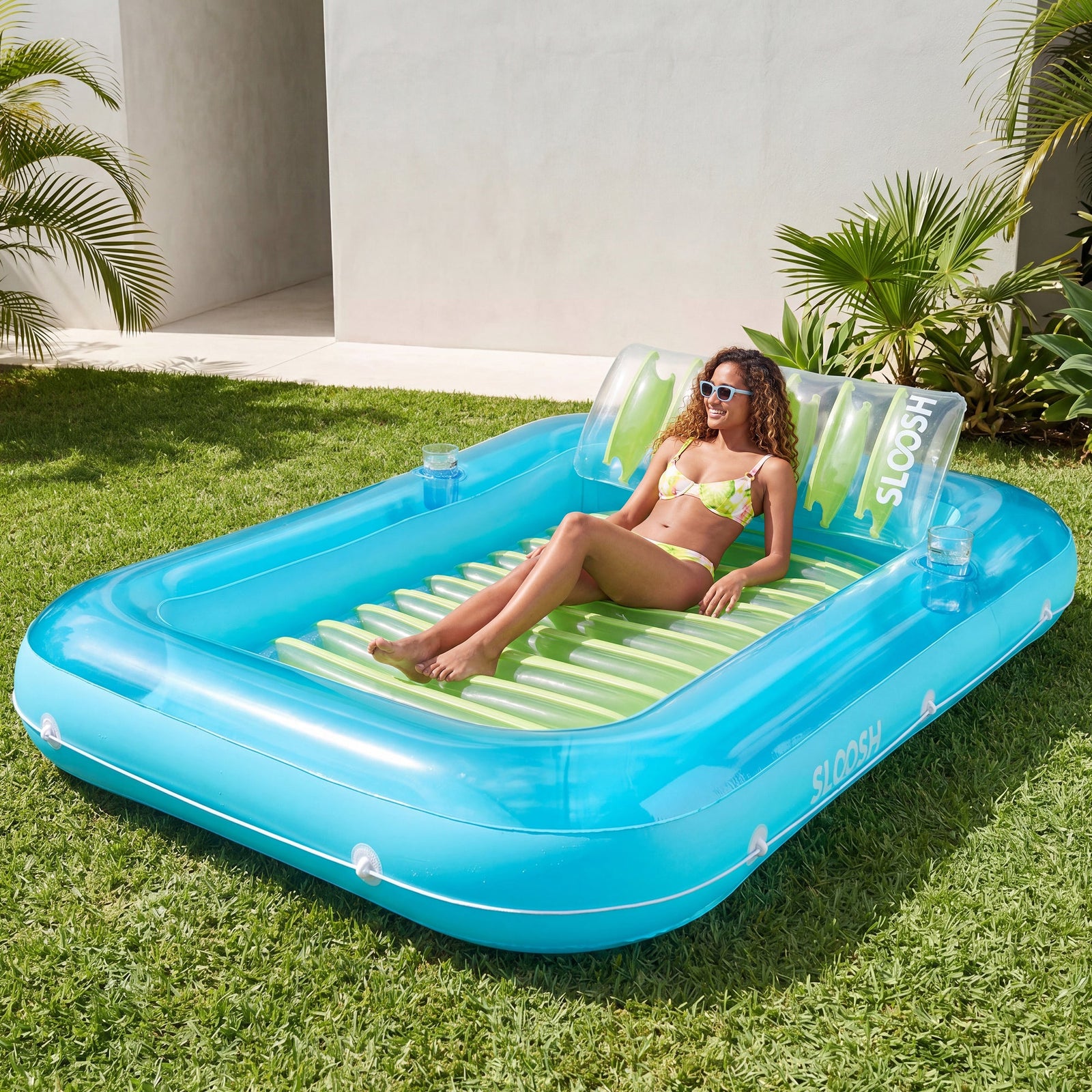 SLOOSH Transparent Inflatable Tanning Pool Lounger Float, 85" x 57", Blue Green-XL