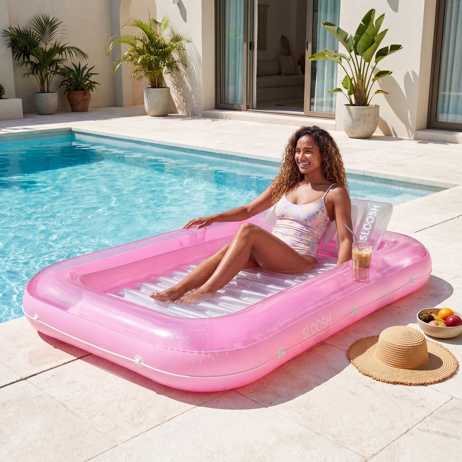 SLOOSH Transparent Inflatable Tanning Pool Lounger Float,  70" x 46", White Pink-L