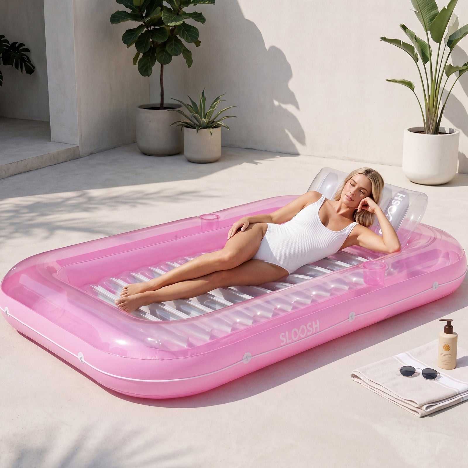 SLOOSH Transparent Inflatable Tanning Pool Lounger Float, 85" x 57", White Pink-XL