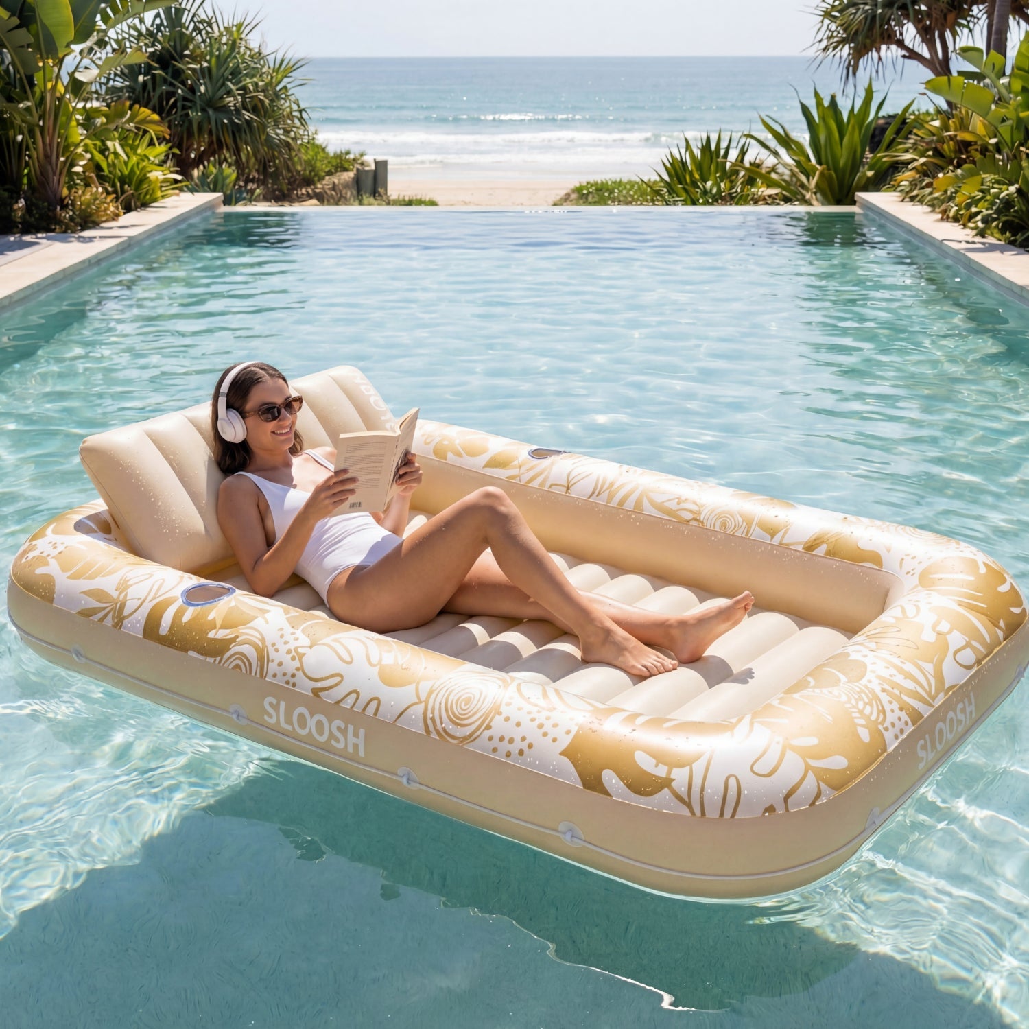 SLOOSH Tropical Leaves Inflatable Tanning Pool, Tropical Blue, 70" x 46"