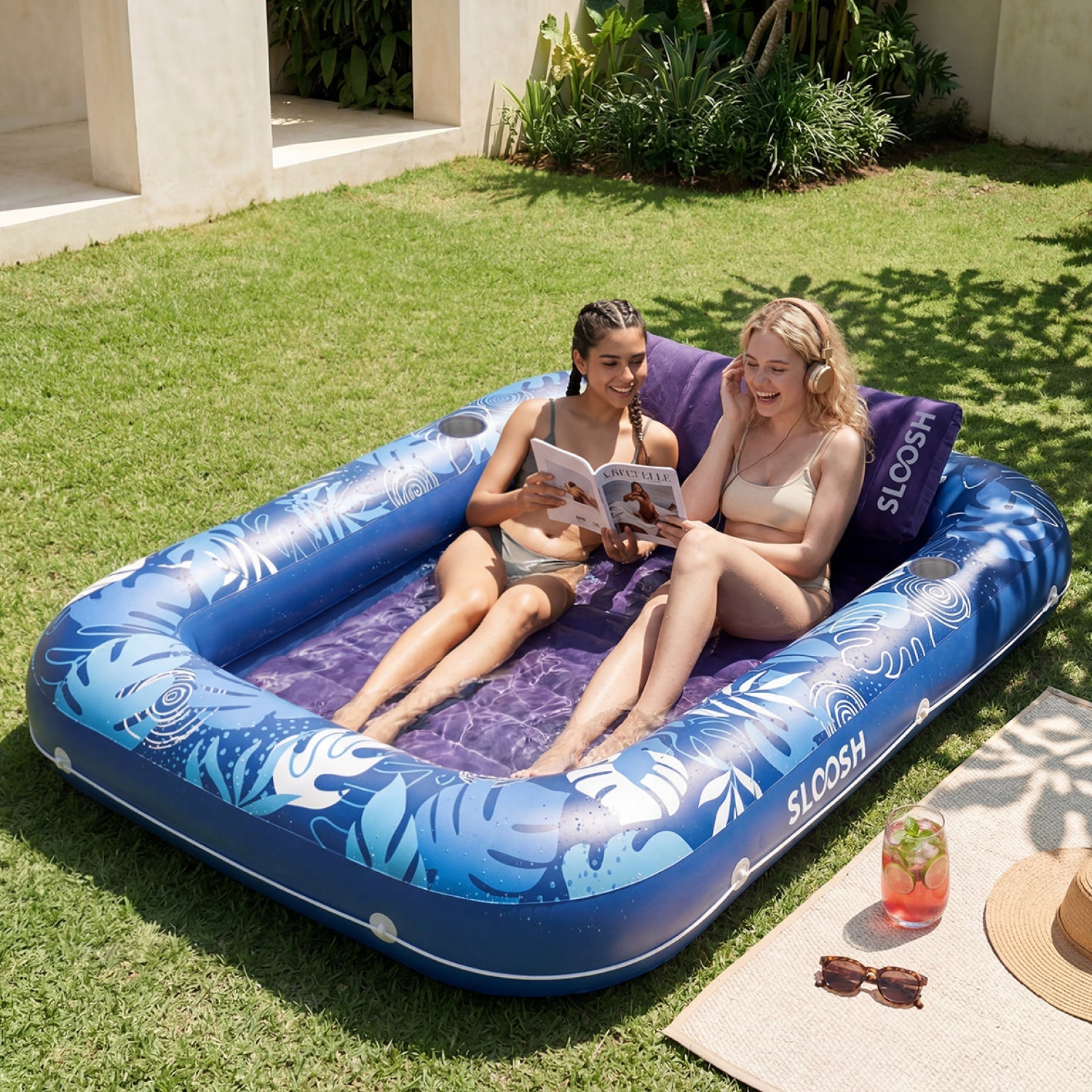 SLOOSH Inflatable Tanning Pool Lounger Float, Dark Blue-XL, 85""x57"