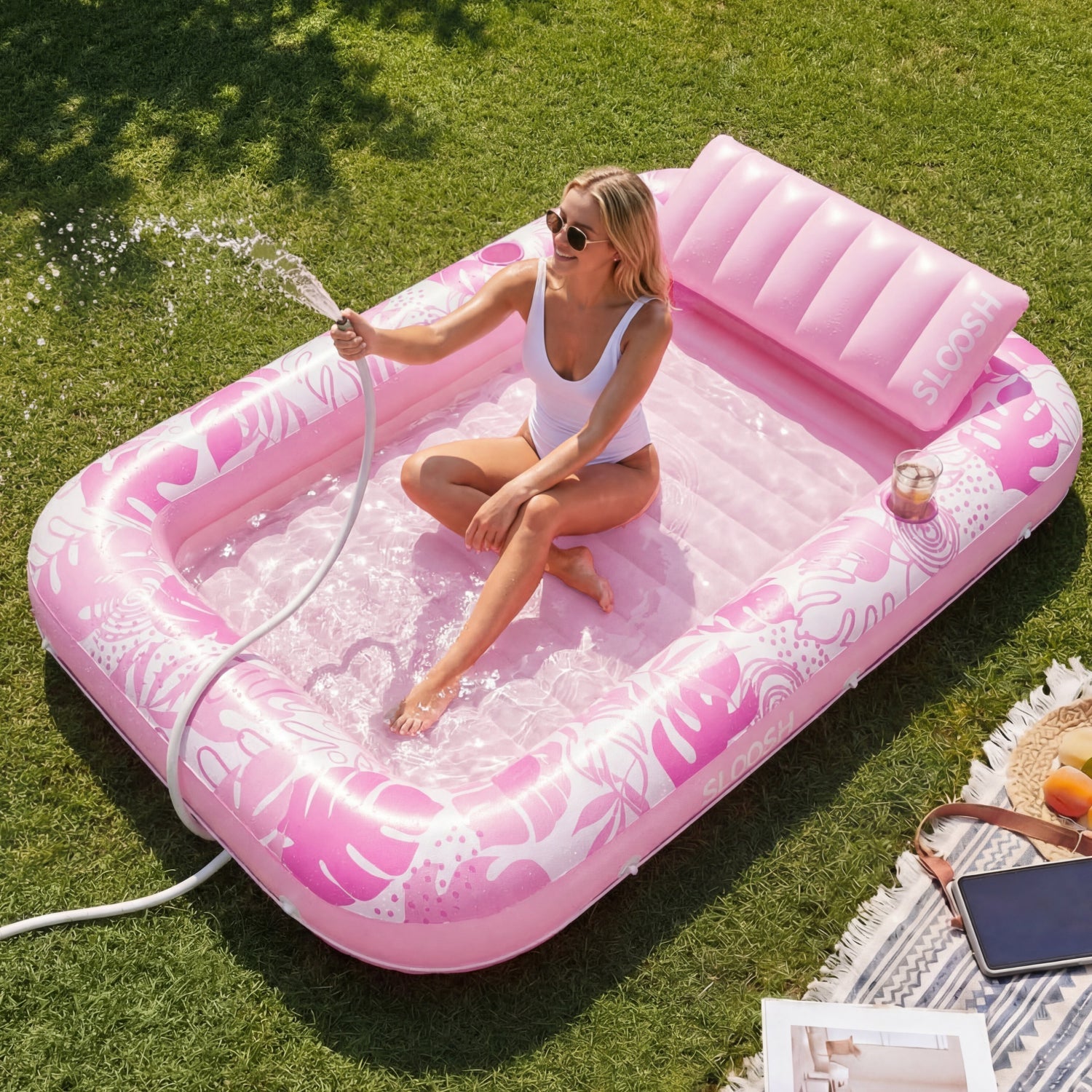 SLOOSH Tropical Inflatable Tanning Pool, Aqua Blue Tropical, 85" x 57"