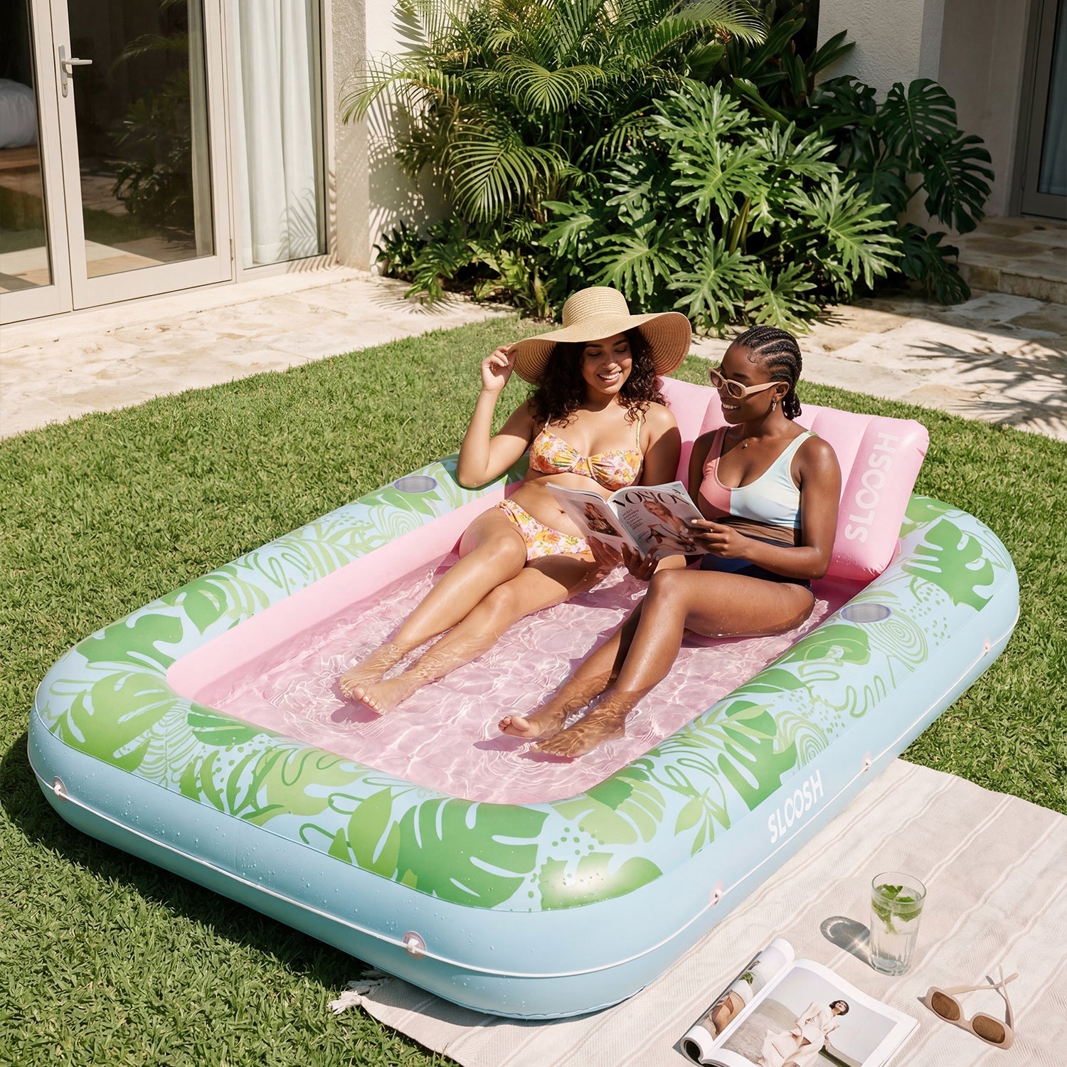 SLOOSH Tropical Leaves Inflatable Tanning Pool, Tropical Blue, 70" x 46"