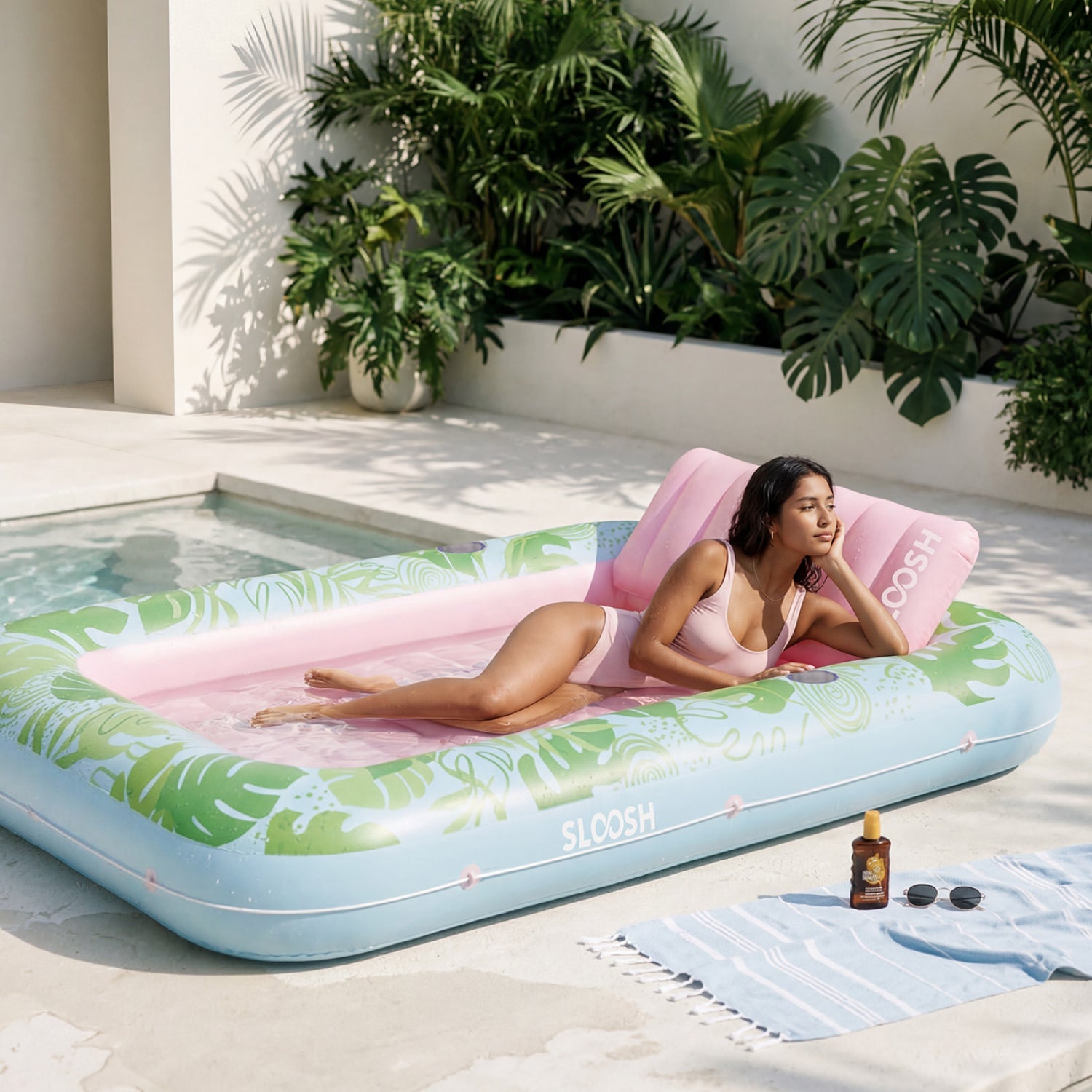 SLOOSH Inflatable Tanning Pool Lounger Float, Dark Blue-XL, 85""x57"