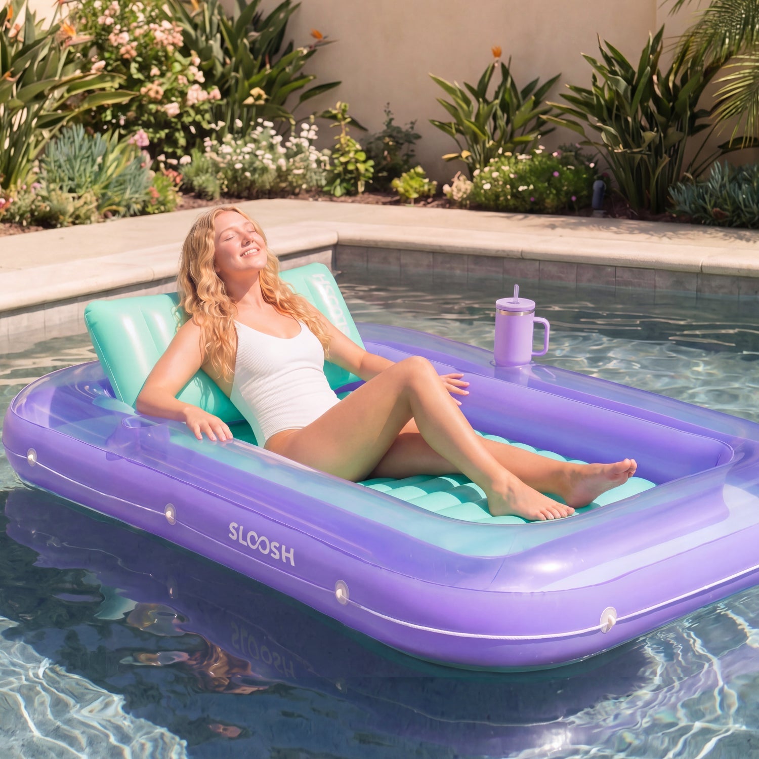 SLOOSH Transparent Inflatable Tanning Pool Lounger Float,  70" x 46", Purple Green-L