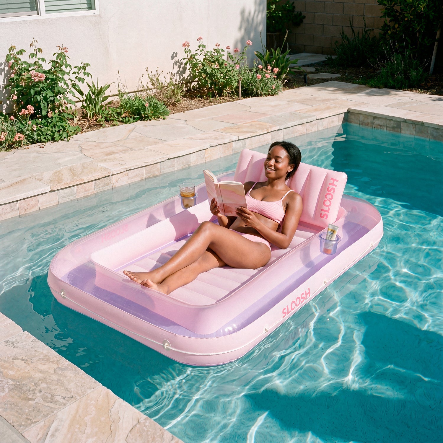 SLOOSH Transparent Inflatable Tanning Pool Lounger Float,  70" x 46", Purple Pink-L