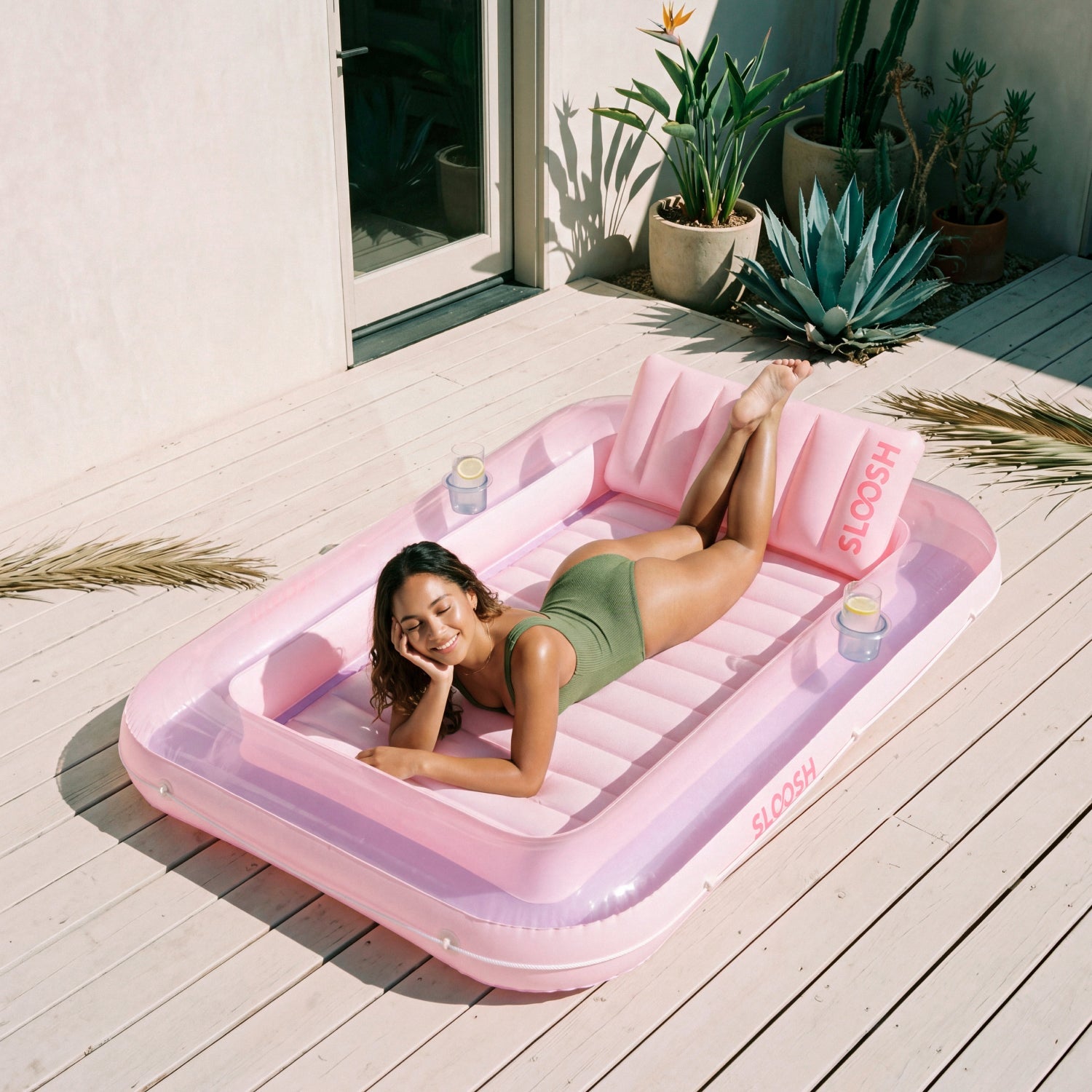 SLOOSH Transparent Inflatable Tanning Pool Lounger Float,  70" x 46", Purple Pink-L
