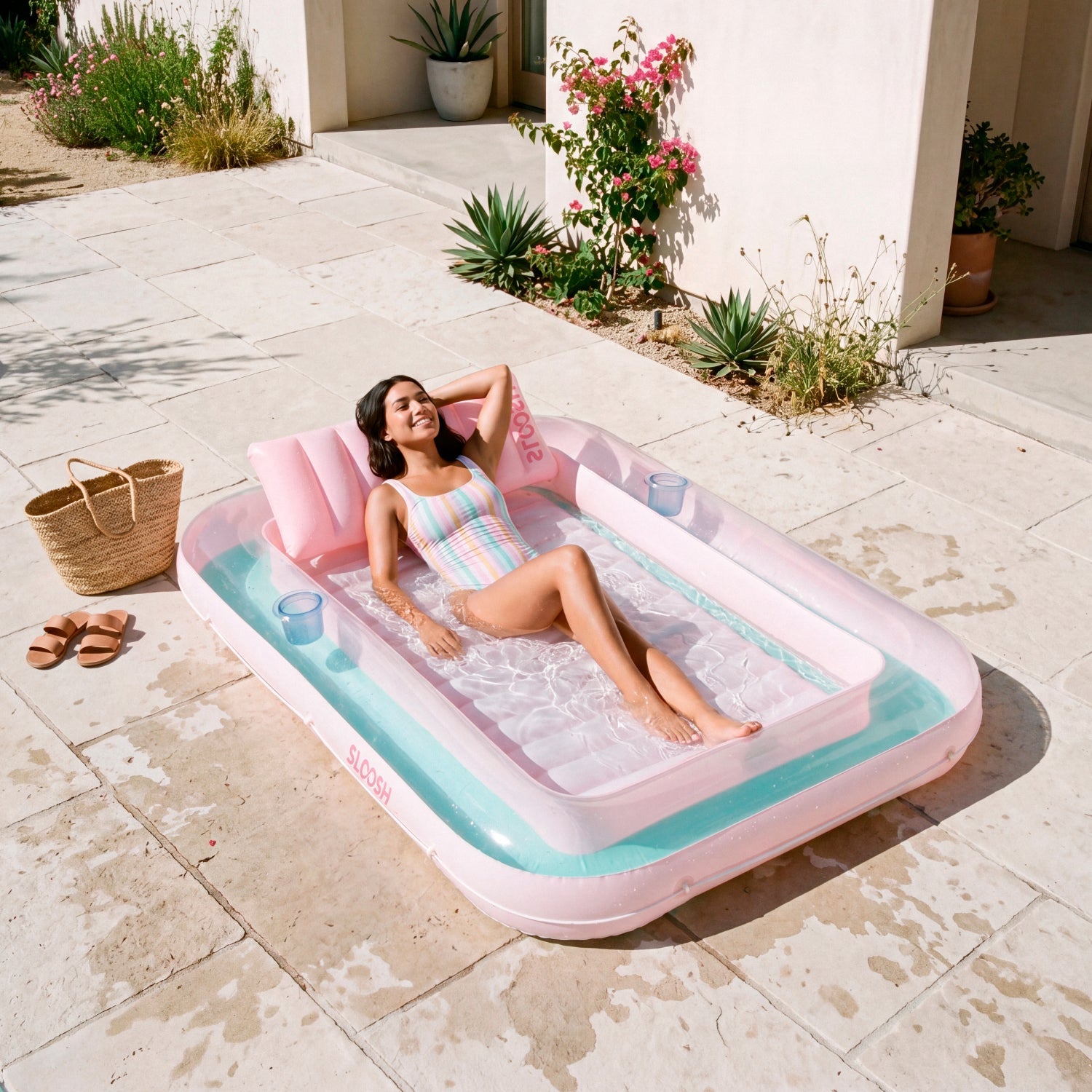SLOOSH Transparent Inflatable Tanning Pool Lounger Float,  70" x 46", Cyan Pink-L