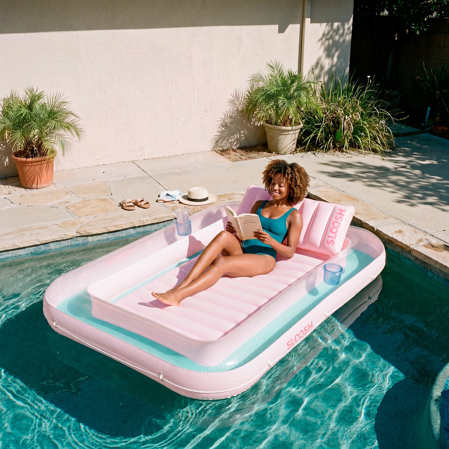 SLOOSH Transparent Inflatable Tanning Pool Lounger Float,  70" x 46", Cyan Pink-L