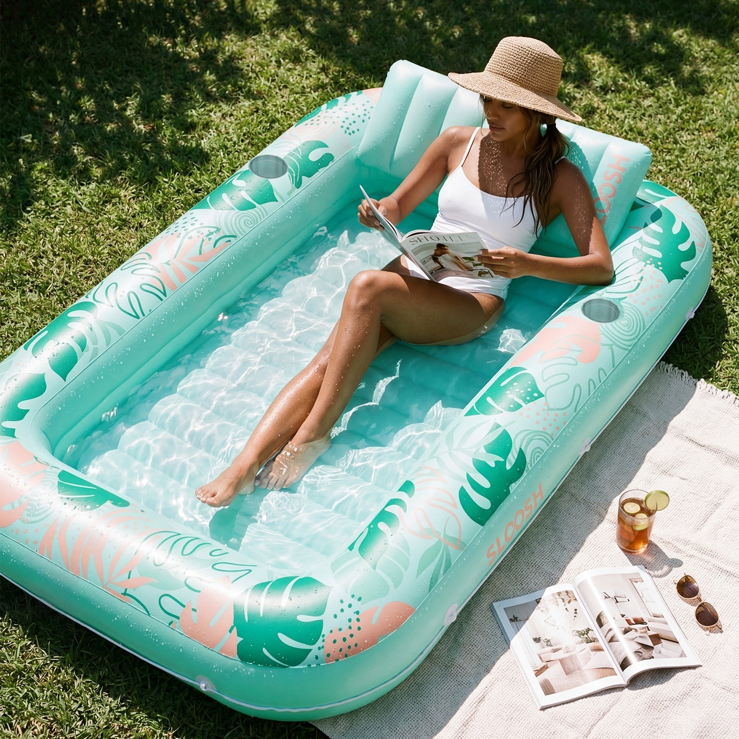 SLOOSH Inflatable Tanning Pool Lounger Float, Pink Marble, 70" x 46"