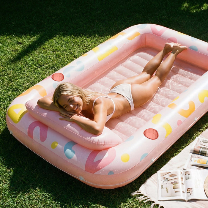 SLOOSH Inflatable Tanning Pool Lounger Float, Pink Doodle, 70" x 46"