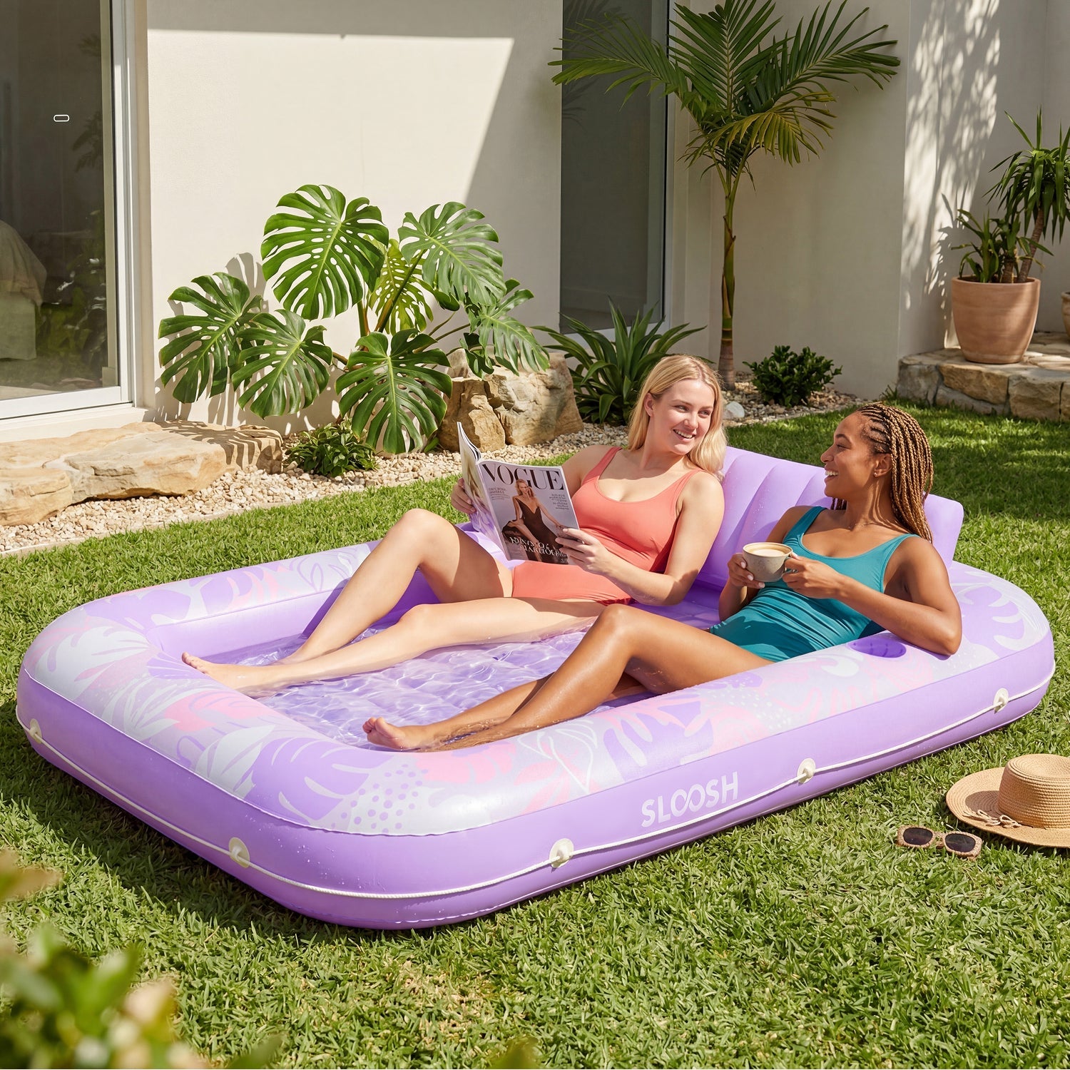 SLOOSH Tropical Inflatable Tanning Pool, Aqua Blue Tropical, 85" x 57"
