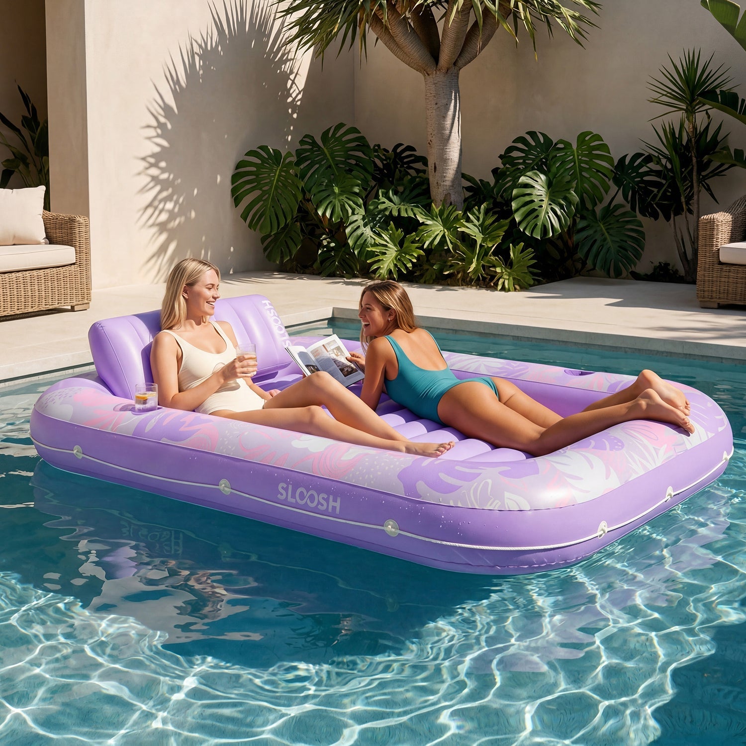 SLOOSH Tropical Inflatable Tanning Pool, Purple Tropical, 85" x 57"