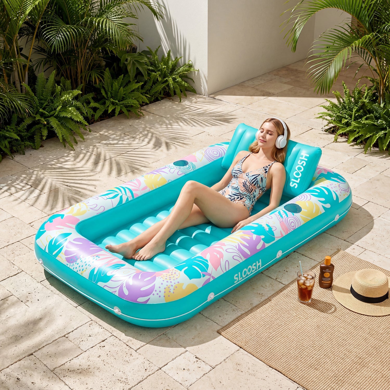 SLOOSH Tropical Leaves Inflatable Tanning Pool, Tropical Blue, 70" x 46"