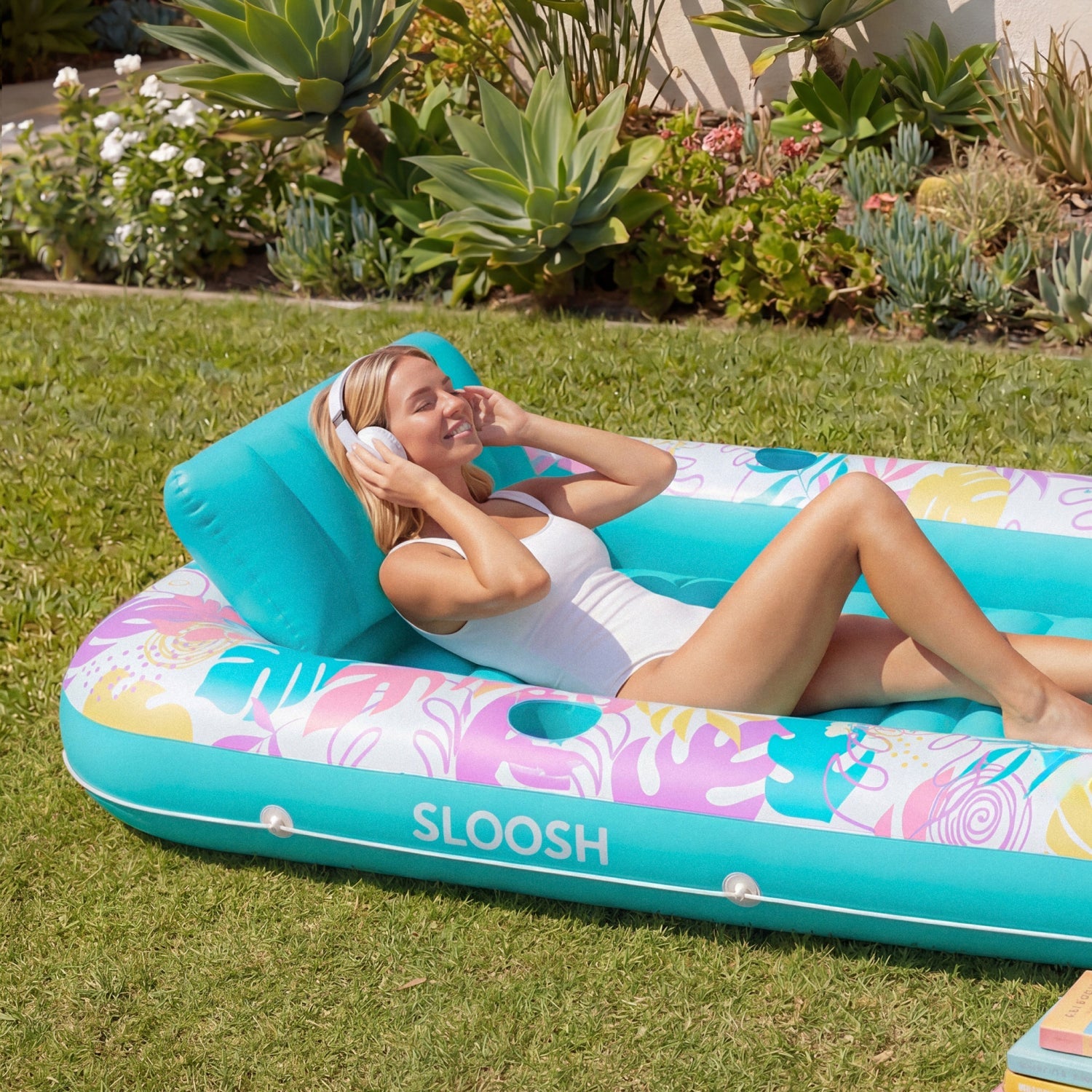 SLOOSH Tropical Inflatable Tanning Pool, Purple Tropical, 85" x 57"